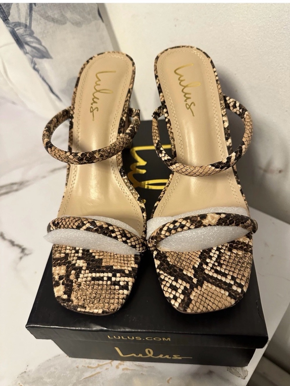 Lulu's Beige and Brown Faux Snakeskin Strappy Heels